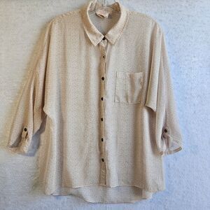 Quiksilver Women Button up Blouse Sz L Semi Sheer Raglan 3/4" Sleeve Polka Dots